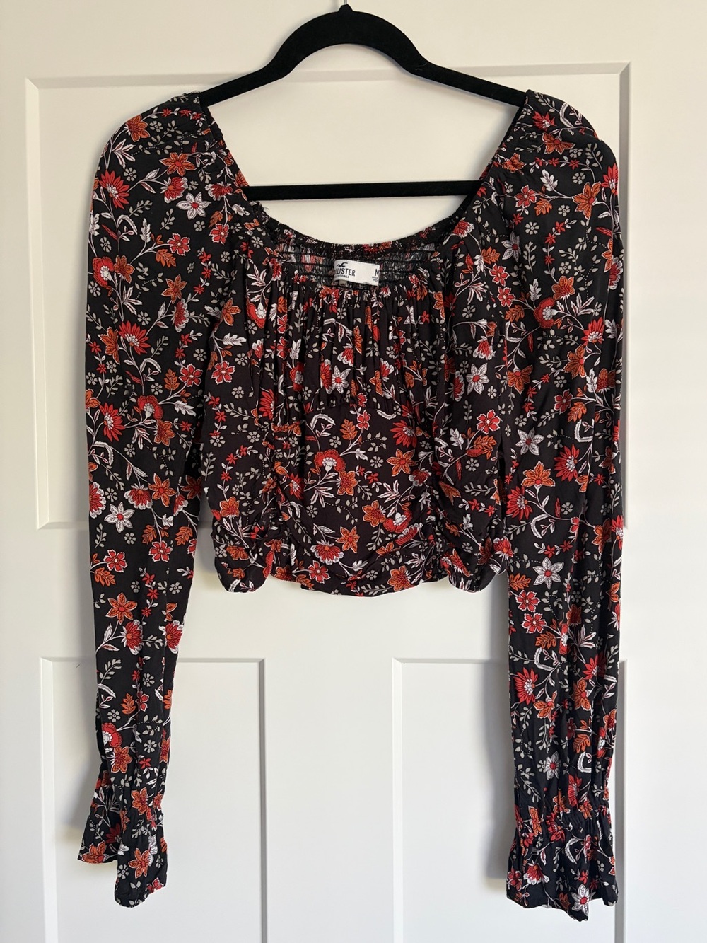 Hollister Black Floral Long-Sleeve Peasant Top with Red Flowers